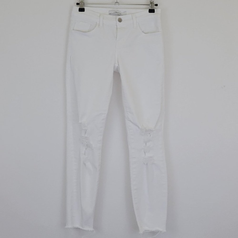 J Brand Low Rise Skinny Cropped Distressed Raw Hem Jean, Demented White